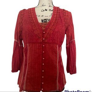 Red Lace Trimmed Feminine Button Up Blouse Renaissance Whimsygoth Sz EU 38